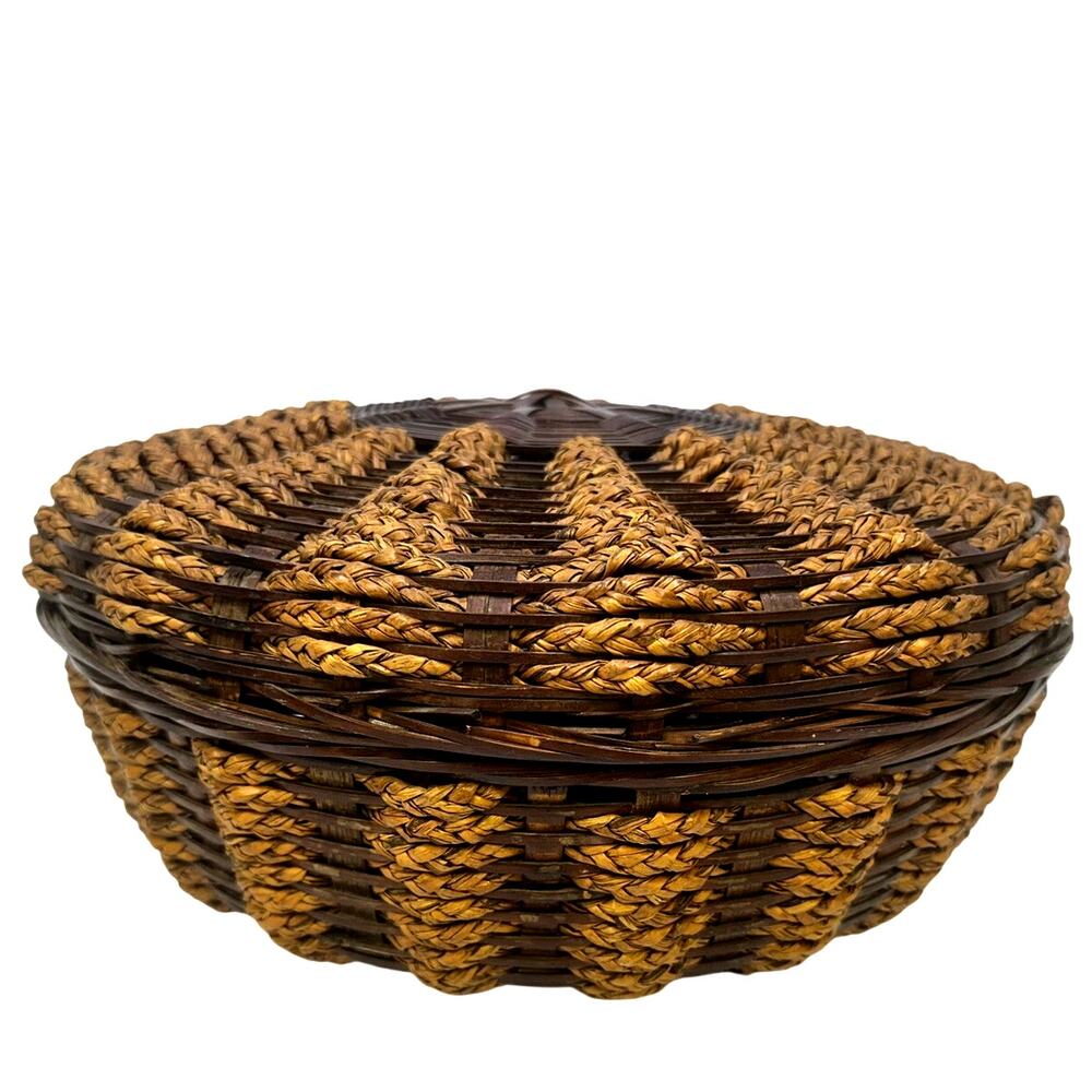 Hand Woven Folk Art Braided Vintage 12" Sewing Basket with Lid